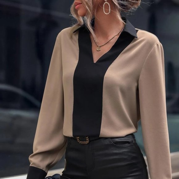 MONARCH FASHION Tops - Colorblock Long Sleeve Contrast Collar Blouse